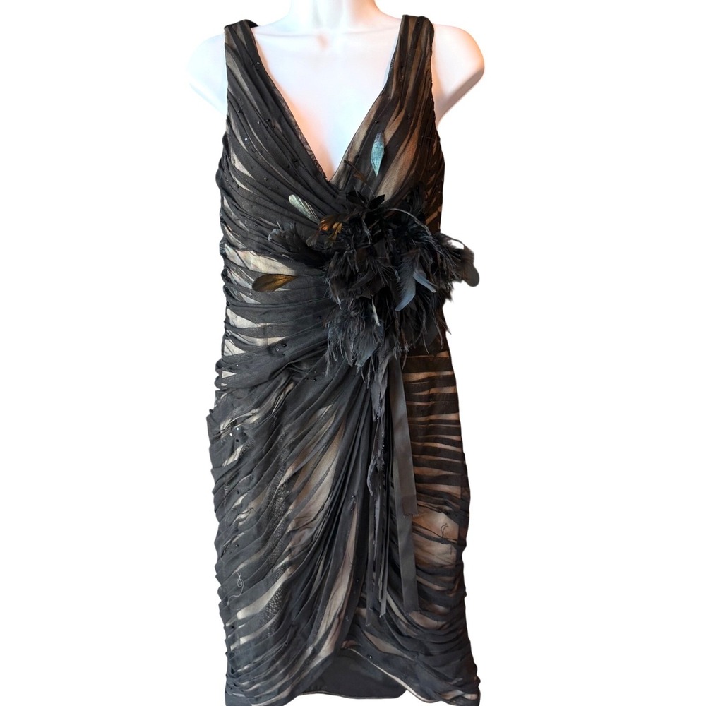 Mignon Draped Feather-Accent Cocktail Dress 4 Black Sheer Layered Evening Dress